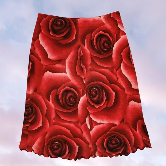 Vtg 90 Y2k Red Black Rose AOP Flower Floral Mod Retro Midi Preppy Hi Low Skirt M - Picture 3 of 4